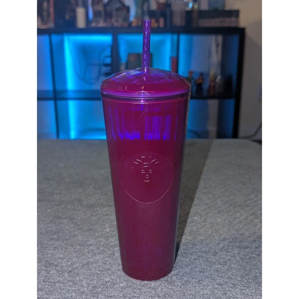 Starbucks Tumbler April 2021 Tall Purple Cold Cup Blue Edge Glow Dome Lid 24 oz